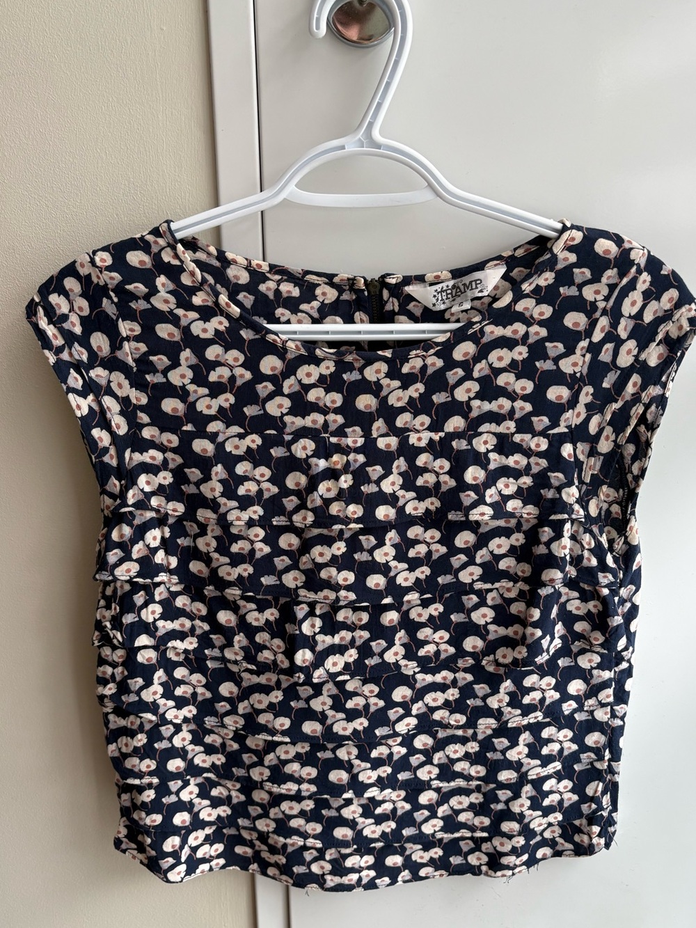 Floral Navy Cap-Sleeve Blouse
